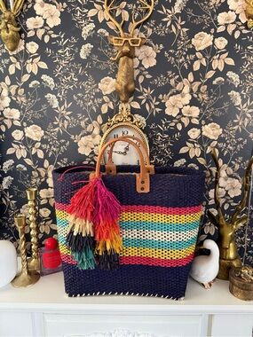 Mar Y Sol La Paz Sisal Tote - Navy Multicolor Stripe Straw Tote